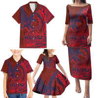Samoa Pago Pago Aeto Family Matching Puletasi and Hawaiian Shirt Wingstyle Red-Blue Color - Polynesian Pride
