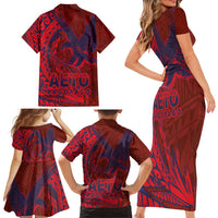 Samoa Pago Pago Aeto Family Matching Short Sleeve Bodycon Dress and Hawaiian Shirt Wingstyle Red-Blue Color - Polynesian Pride