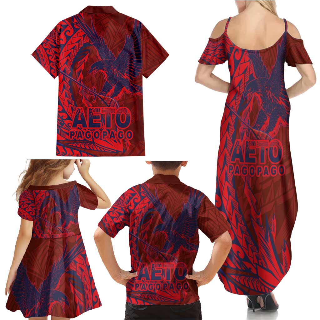 Samoa Pago Pago Aeto Family Matching Summer Maxi Dress and Hawaiian Shirt Wingstyle Red-Blue Color - Polynesian Pride