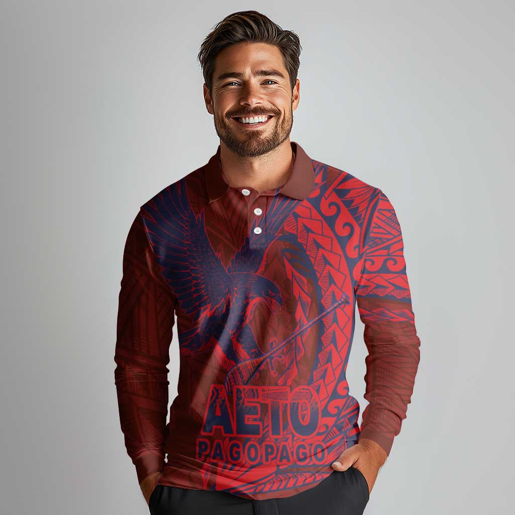 American Samoa Pago Pago Aeto Long Sleeve Polo Shirt Wingstyle Red-Blue Color LT03 - Polynesian Pride