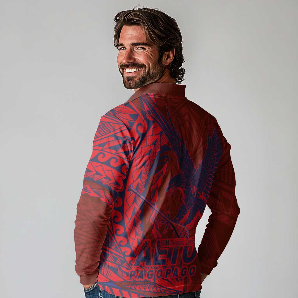American Samoa Pago Pago Aeto Long Sleeve Polo Shirt Wingstyle Red-Blue Color LT03 - Polynesian Pride