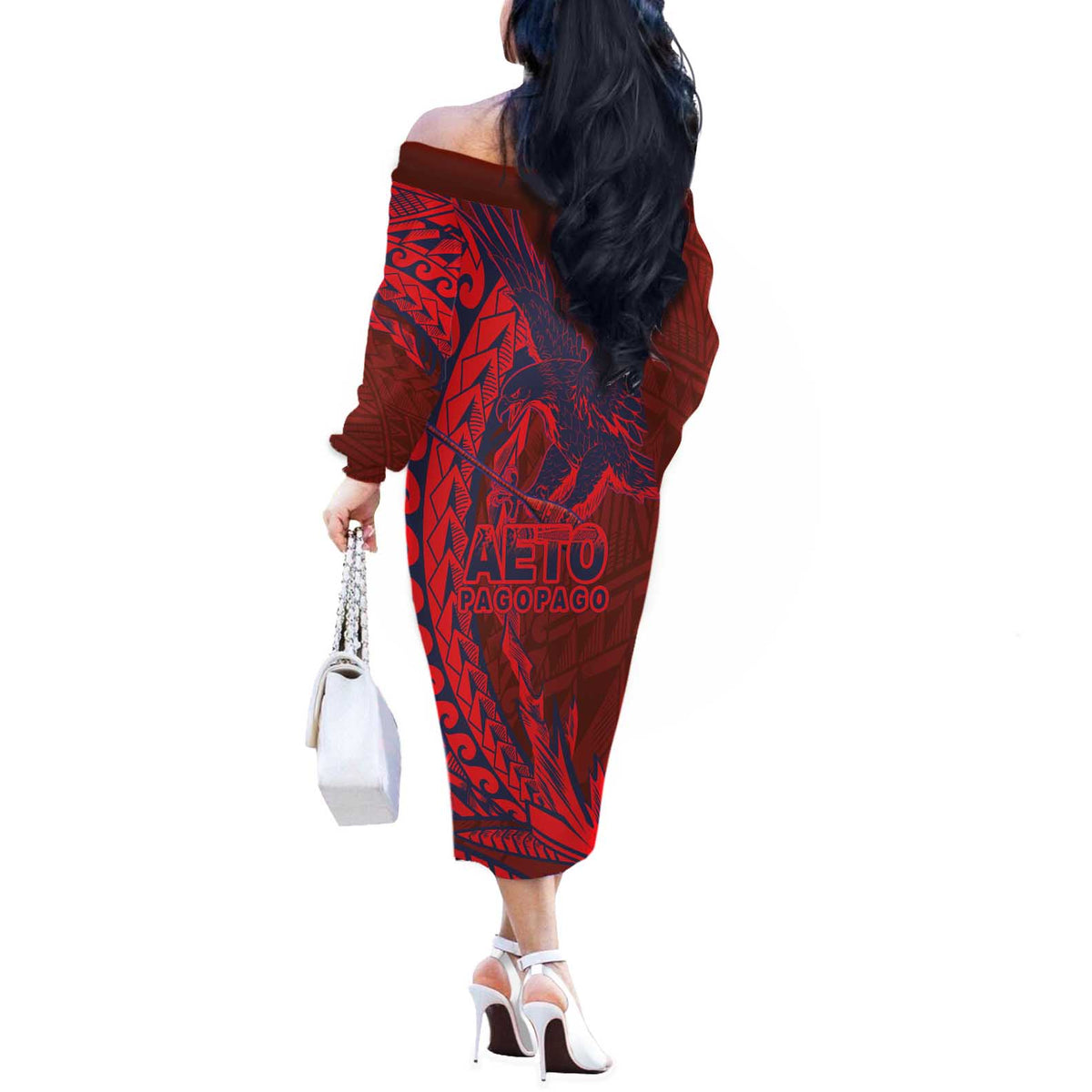 Samoa Pago Pago Aeto Off The Shoulder Long Sleeve Dress Wingstyle Red-Blue Color - Polynesian Pride