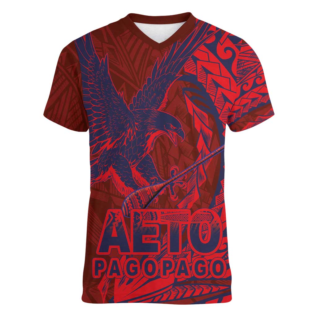 American Samoa Pago Pago Aeto Women V-Neck T-Shirt Wingstyle Red-Blue Color LT03 Female Red - Polynesian Pride
