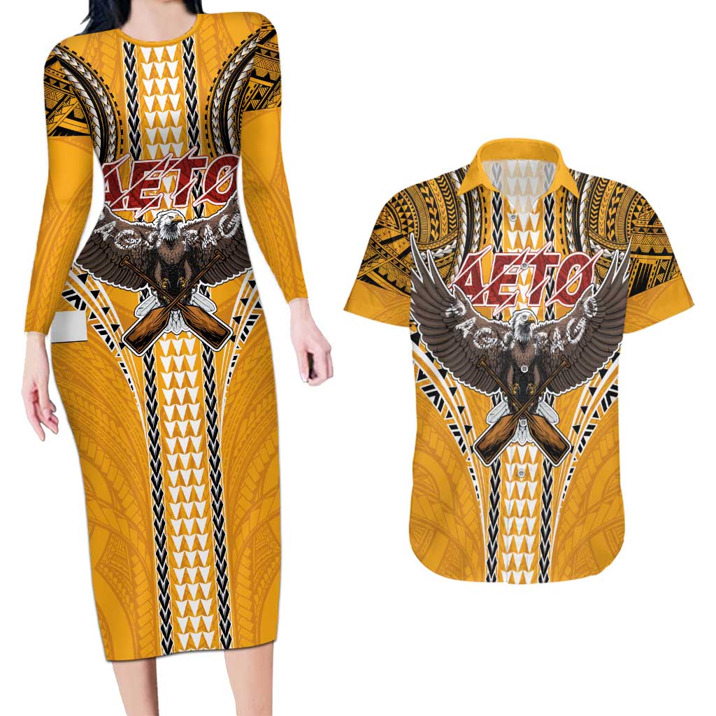 Samoa Pago Pago Aeto Couples Matching Long Sleeve Bodycon Dress and Hawaiian Shirt Bald Eagle with Polynesian Art Tattoos - Polynesian Pride
