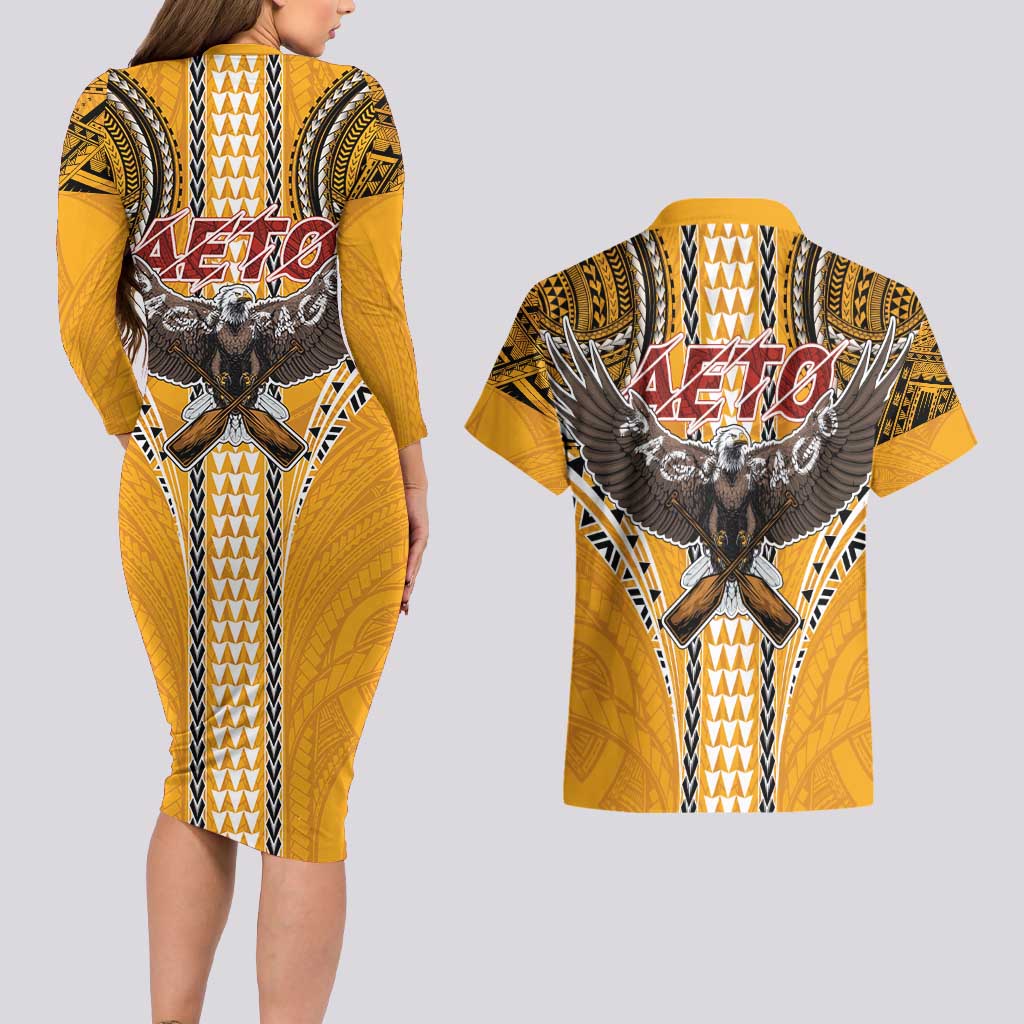 Samoa Pago Pago Aeto Couples Matching Long Sleeve Bodycon Dress and Hawaiian Shirt Bald Eagle with Polynesian Art Tattoos - Polynesian Pride