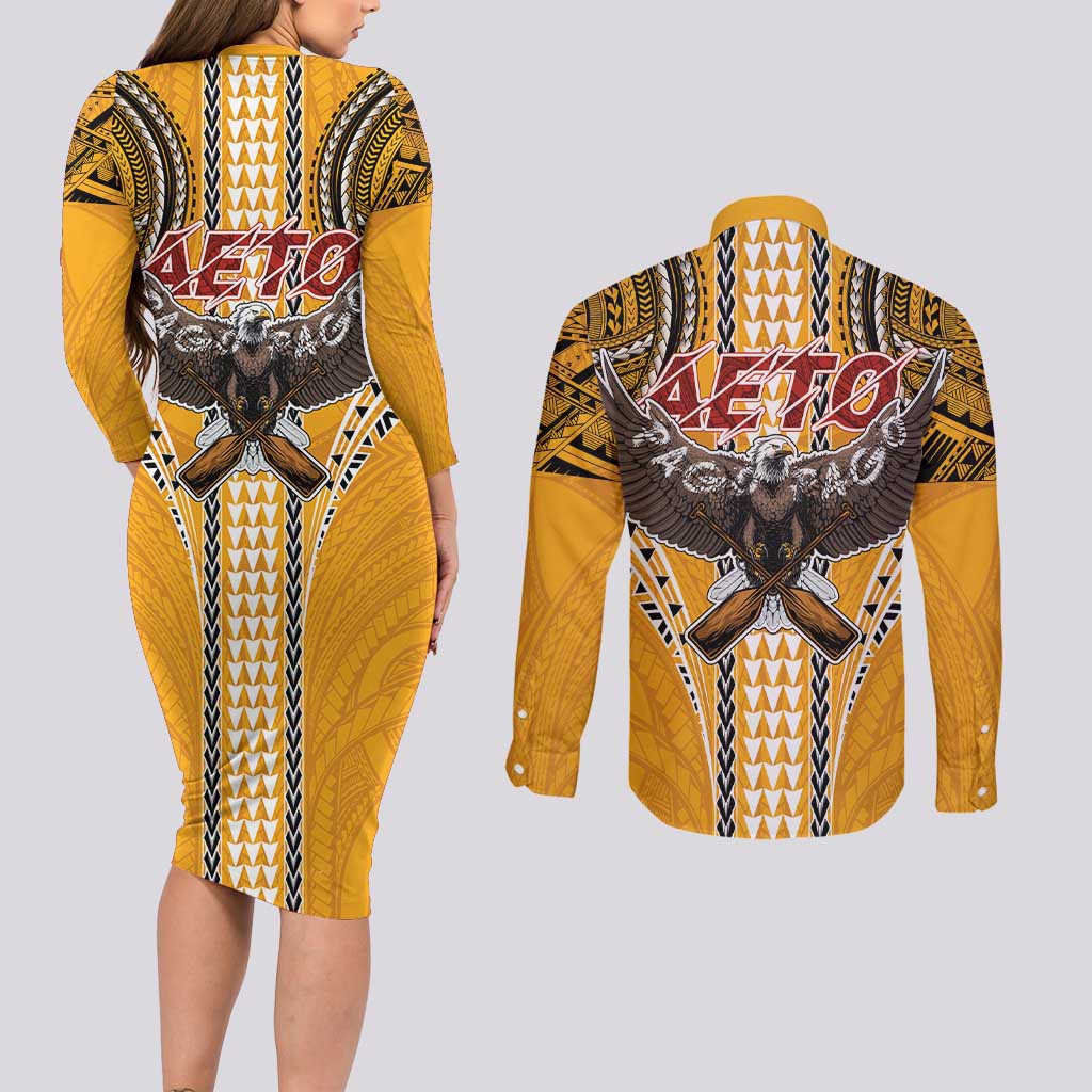 Samoa Pago Pago Aeto Couples Matching Long Sleeve Bodycon Dress and Long Sleeve Button Shirt Bald Eagle with Polynesian Art Tattoos - Polynesian Pride