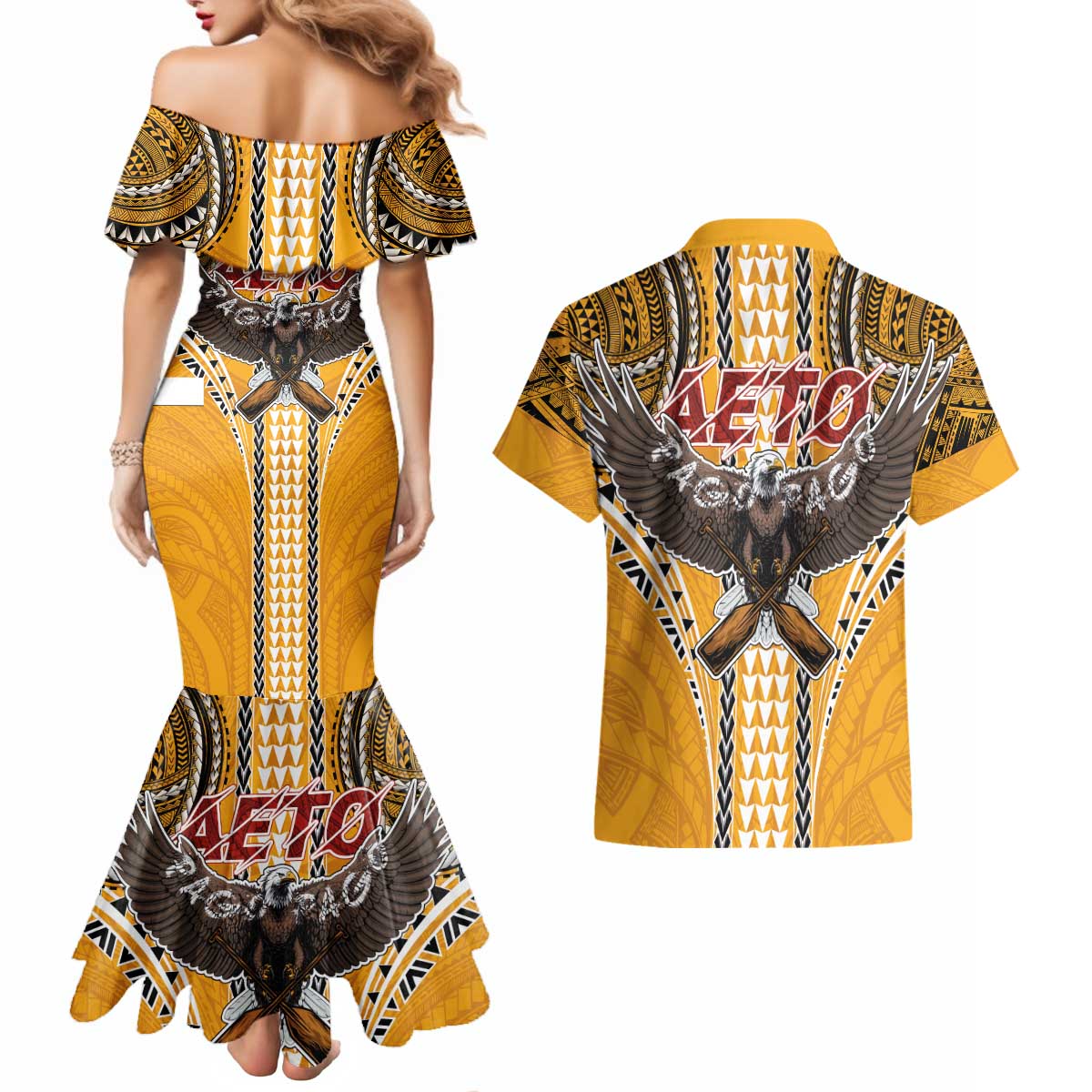 Samoa Pago Pago Aeto Couples Matching Mermaid Dress and Hawaiian Shirt Bald Eagle with Polynesian Art Tattoos - Polynesian Pride