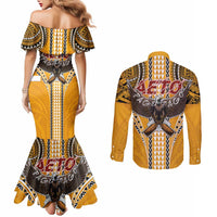 Samoa Pago Pago Aeto Couples Matching Mermaid Dress and Long Sleeve Button Shirt Bald Eagle with Polynesian Art Tattoos - Polynesian Pride