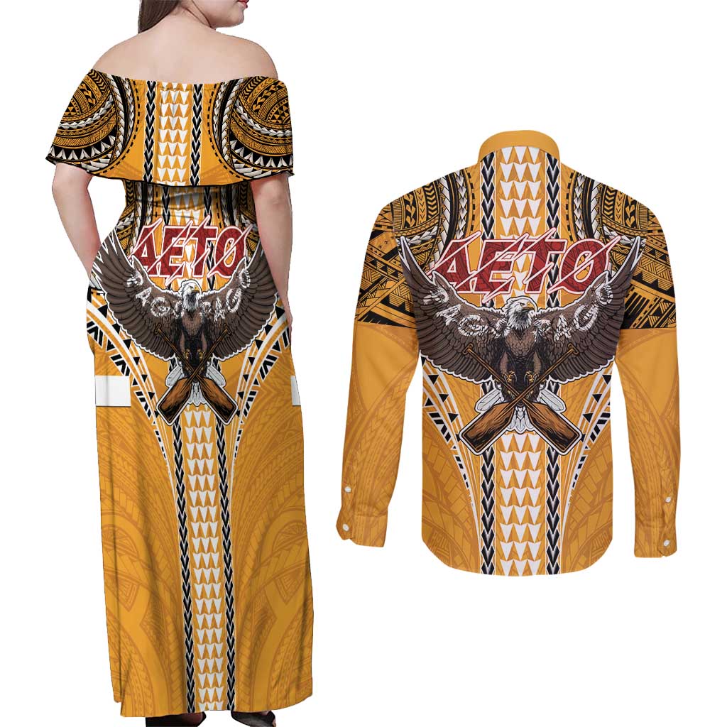 Samoa Pago Pago Aeto Couples Matching Off Shoulder Maxi Dress and Long Sleeve Button Shirt Bald Eagle with Polynesian Art Tattoos - Polynesian Pride