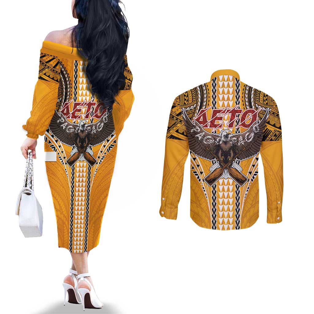Samoa Pago Pago Aeto Couples Matching Off The Shoulder Long Sleeve Dress and Long Sleeve Button Shirt Bald Eagle with Polynesian Art Tattoos - Polynesian Pride