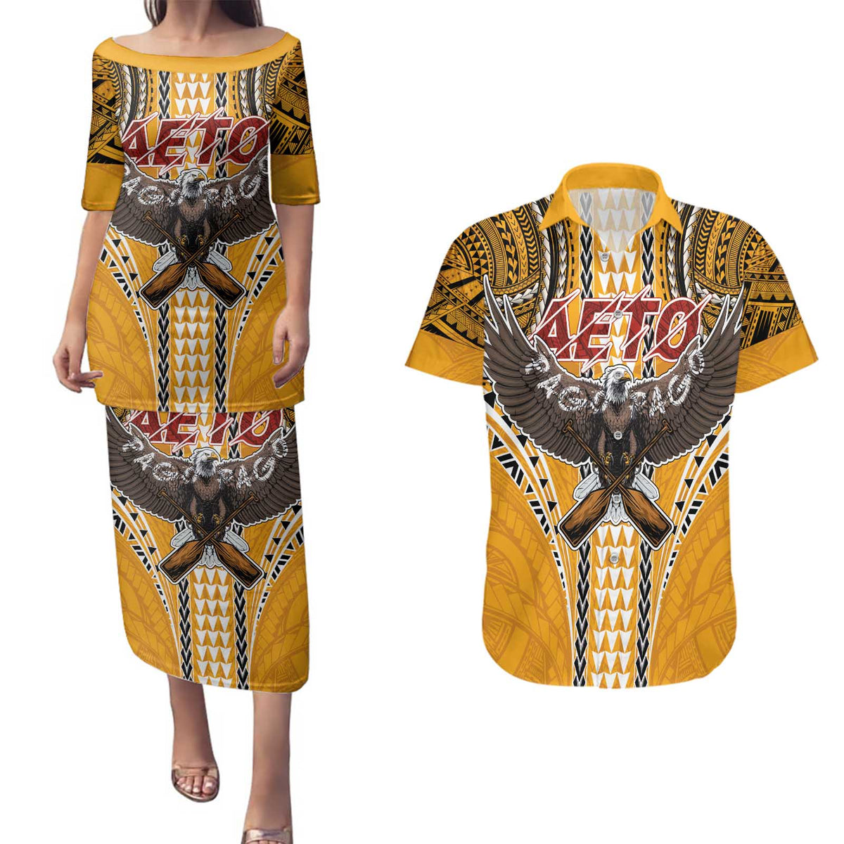 Samoa Pago Pago Aeto Couples Matching Puletasi and Hawaiian Shirt Bald Eagle with Polynesian Art Tattoos - Polynesian Pride