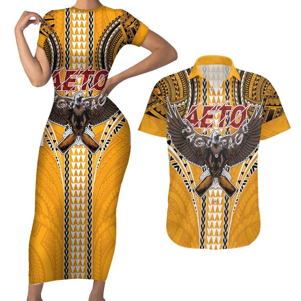 Samoa Pago Pago Aeto Couples Matching Short Sleeve Bodycon Dress and Hawaiian Shirt Bald Eagle with Polynesian Art Tattoos - Polynesian Pride