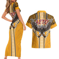 Samoa Pago Pago Aeto Couples Matching Short Sleeve Bodycon Dress and Hawaiian Shirt Bald Eagle with Polynesian Art Tattoos - Polynesian Pride