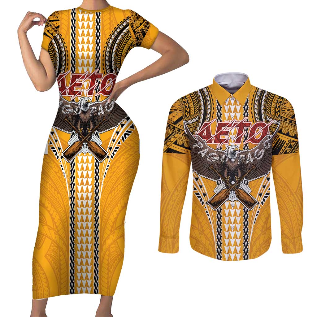 Samoa Pago Pago Aeto Couples Matching Short Sleeve Bodycon Dress and Long Sleeve Button Shirt Bald Eagle with Polynesian Art Tattoos - Polynesian Pride