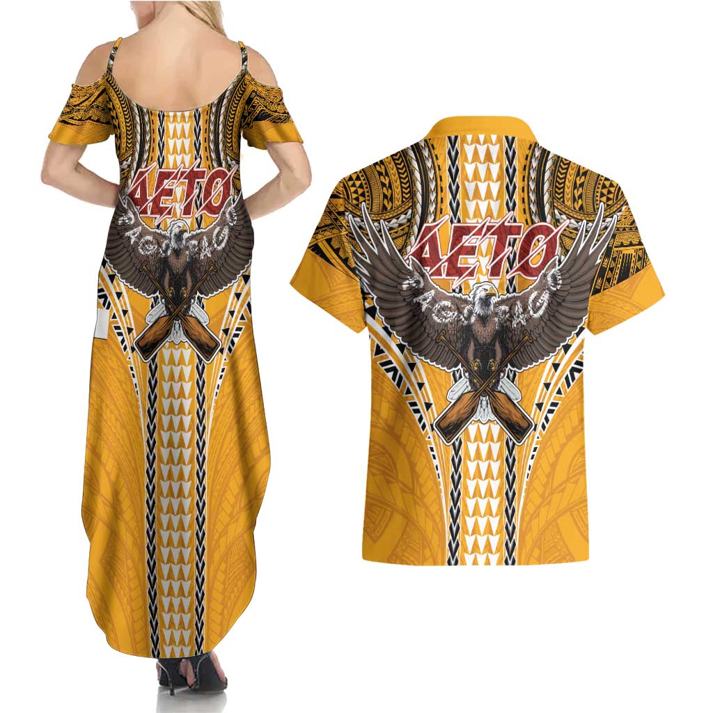 Samoa Pago Pago Aeto Couples Matching Summer Maxi Dress and Hawaiian Shirt Bald Eagle with Polynesian Art Tattoos - Polynesian Pride