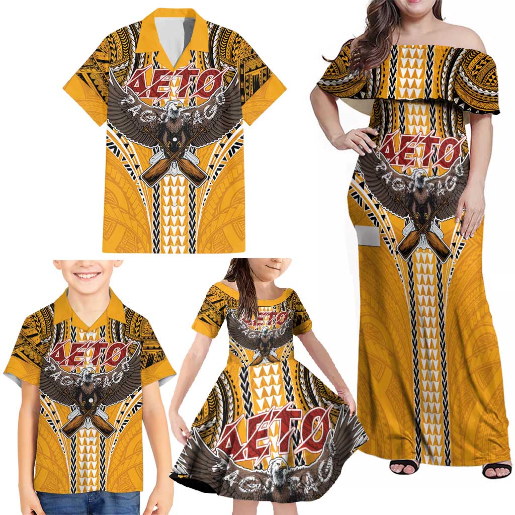 Samoa Pago Pago Aeto Family Matching Off Shoulder Maxi Dress and Hawaiian Shirt Bald Eagle with Polynesian Art Tattoos - Polynesian Pride