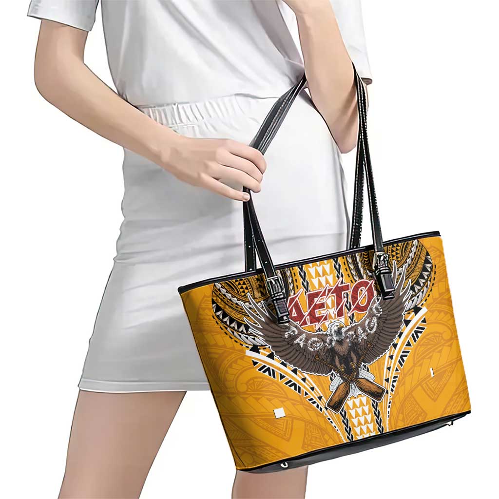 Samoa Pago Pago Aeto Leather Tote Bag Bald Eagle with Polynesian Art Tattoos - Polynesian Pride