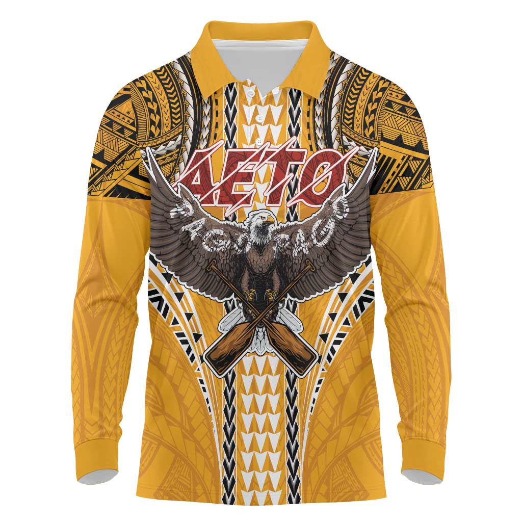 Samoa Pago Pago Aeto Long Sleeve Polo Shirt Bald Eagle with Polynesian Art Tattoos - Polynesian Pride
