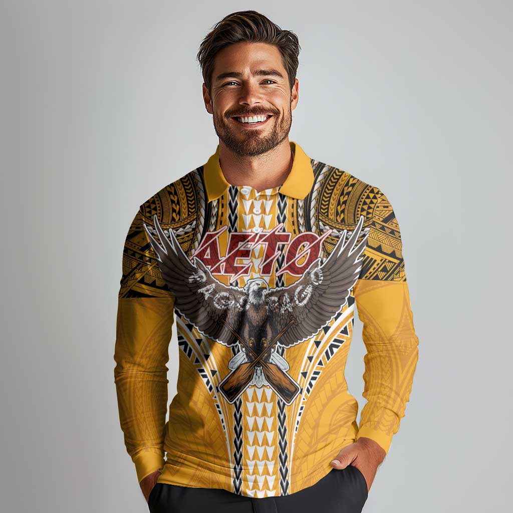 Samoa Pago Pago Aeto Long Sleeve Polo Shirt Bald Eagle with Polynesian Art Tattoos - Polynesian Pride