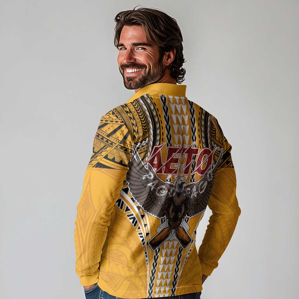 Samoa Pago Pago Aeto Long Sleeve Polo Shirt Bald Eagle with Polynesian Art Tattoos - Polynesian Pride
