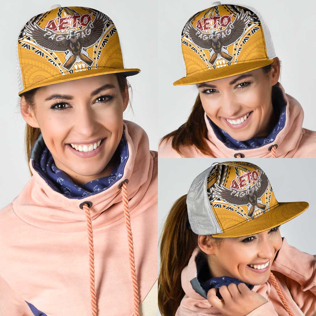 American Samoa Pago Pago Aeto Mesh Trucker Cap Bald Eagle with Polynesian Art Tattoos - Polynesian Pride