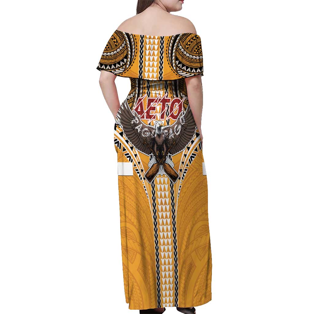 Samoa Pago Pago Aeto Off Shoulder Maxi Dress Bald Eagle with Polynesian Art Tattoos - Polynesian Pride