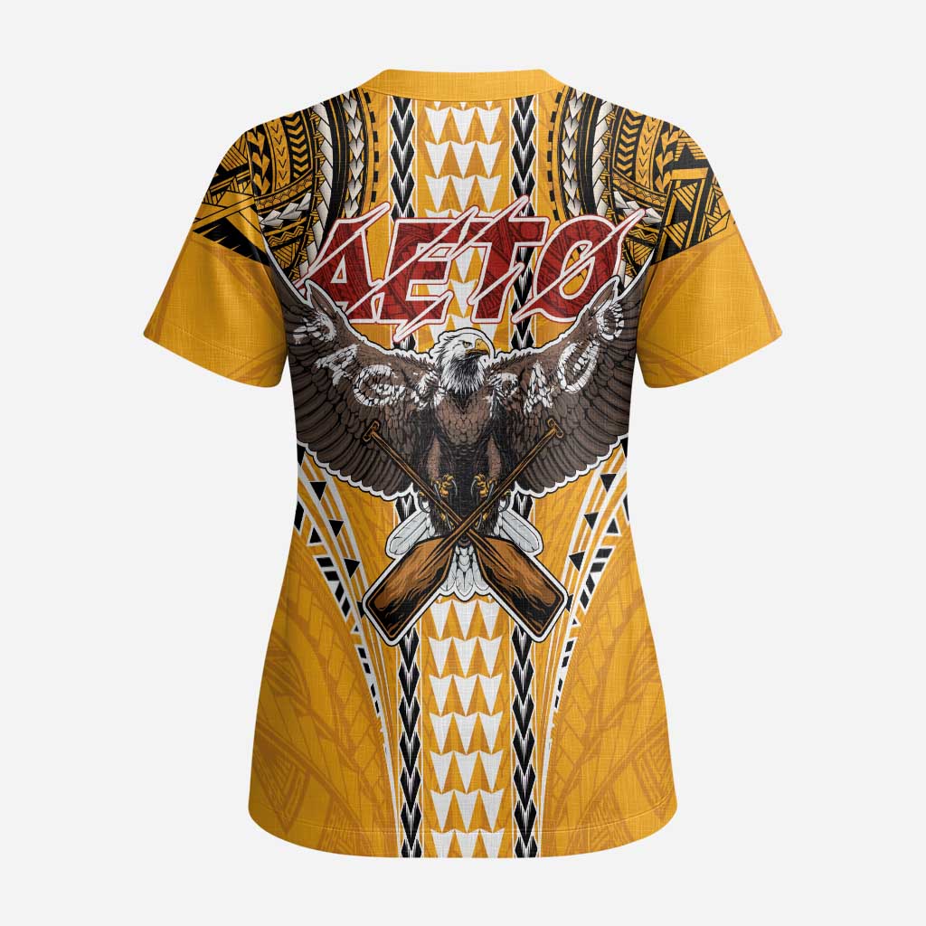 American Samoa Pago Pago Aeto Scrub Top Bald Eagle with Polynesian Art Tattoos - Polynesian Pride