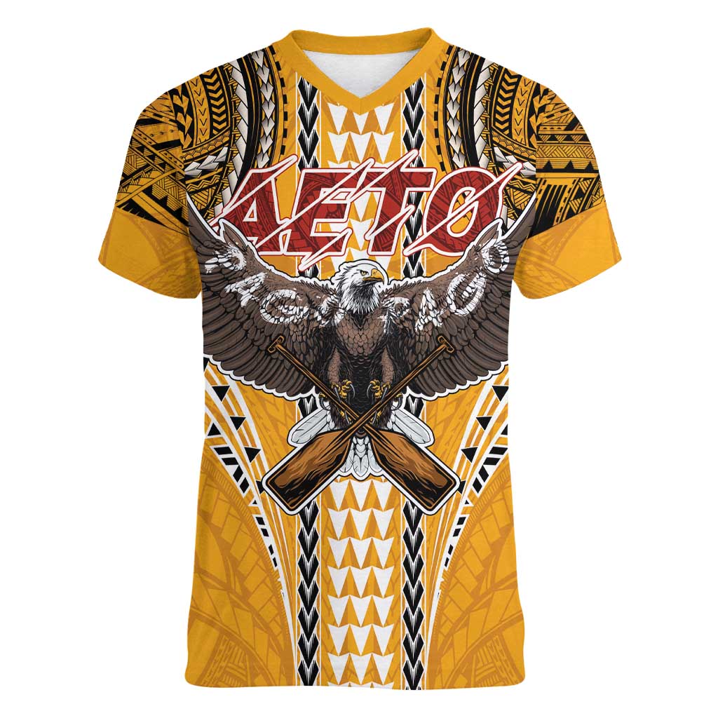 Samoa Pago Pago Aeto Women V-Neck T-Shirt Bald Eagle with Polynesian Art Tattoos - Polynesian Pride