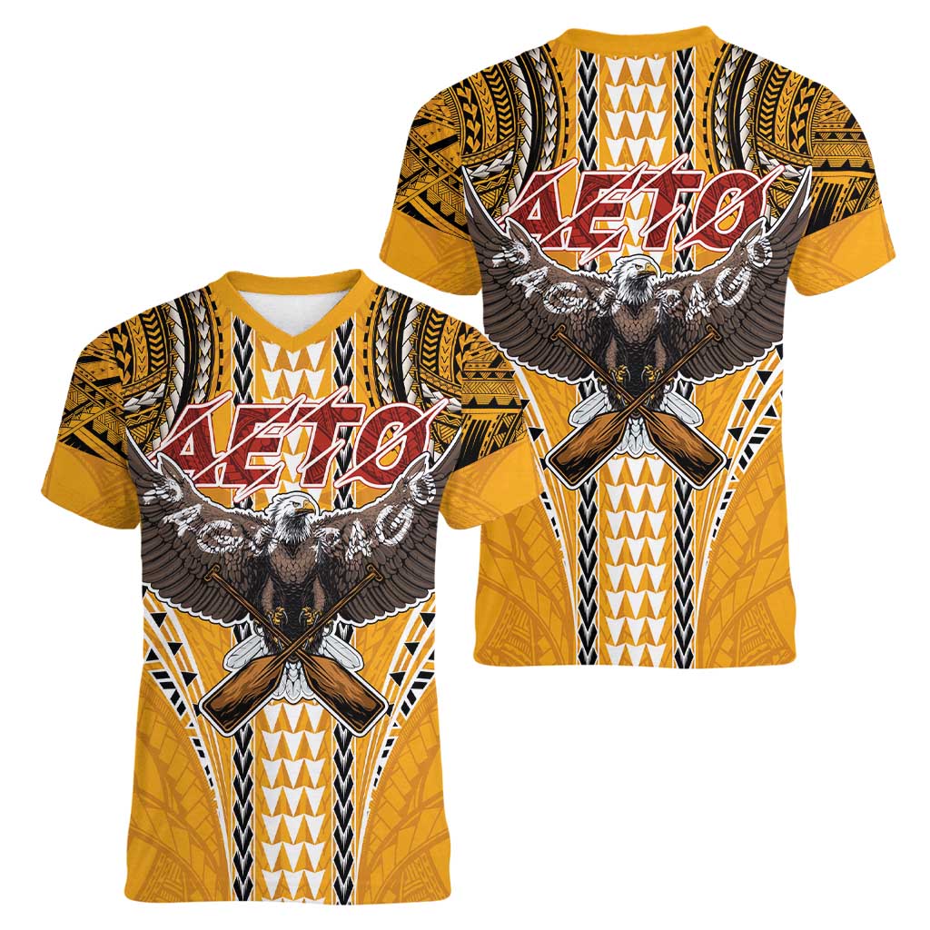 Samoa Pago Pago Aeto Women V-Neck T-Shirt Bald Eagle with Polynesian Art Tattoos - Polynesian Pride