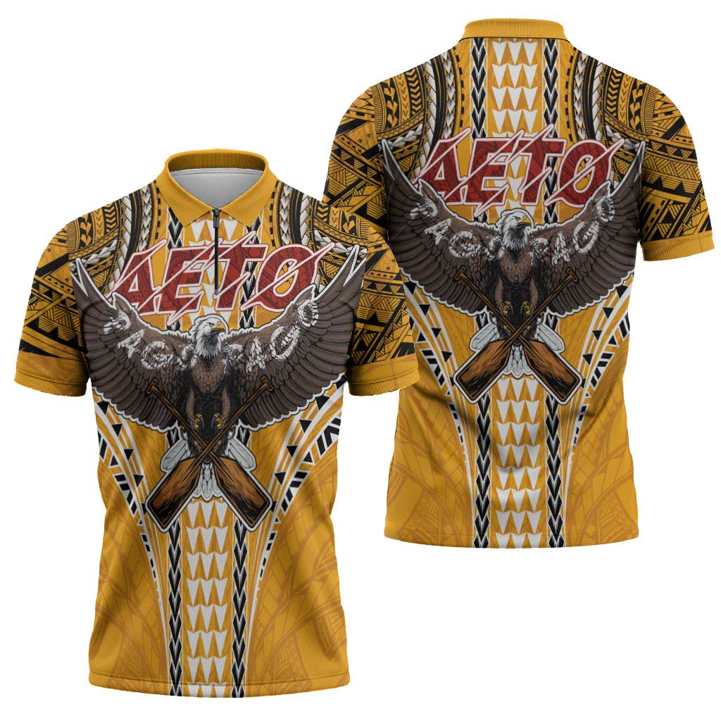 American Samoa Pago Pago Aeto Zipper Polo Shirt Bald Eagle with Polynesian Art Tattoos LT03 - Polynesian Pride