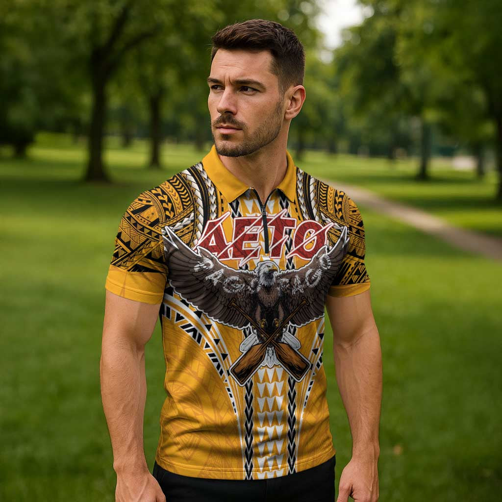 American Samoa Pago Pago Aeto Zipper Polo Shirt Bald Eagle with Polynesian Art Tattoos LT03 - Polynesian Pride