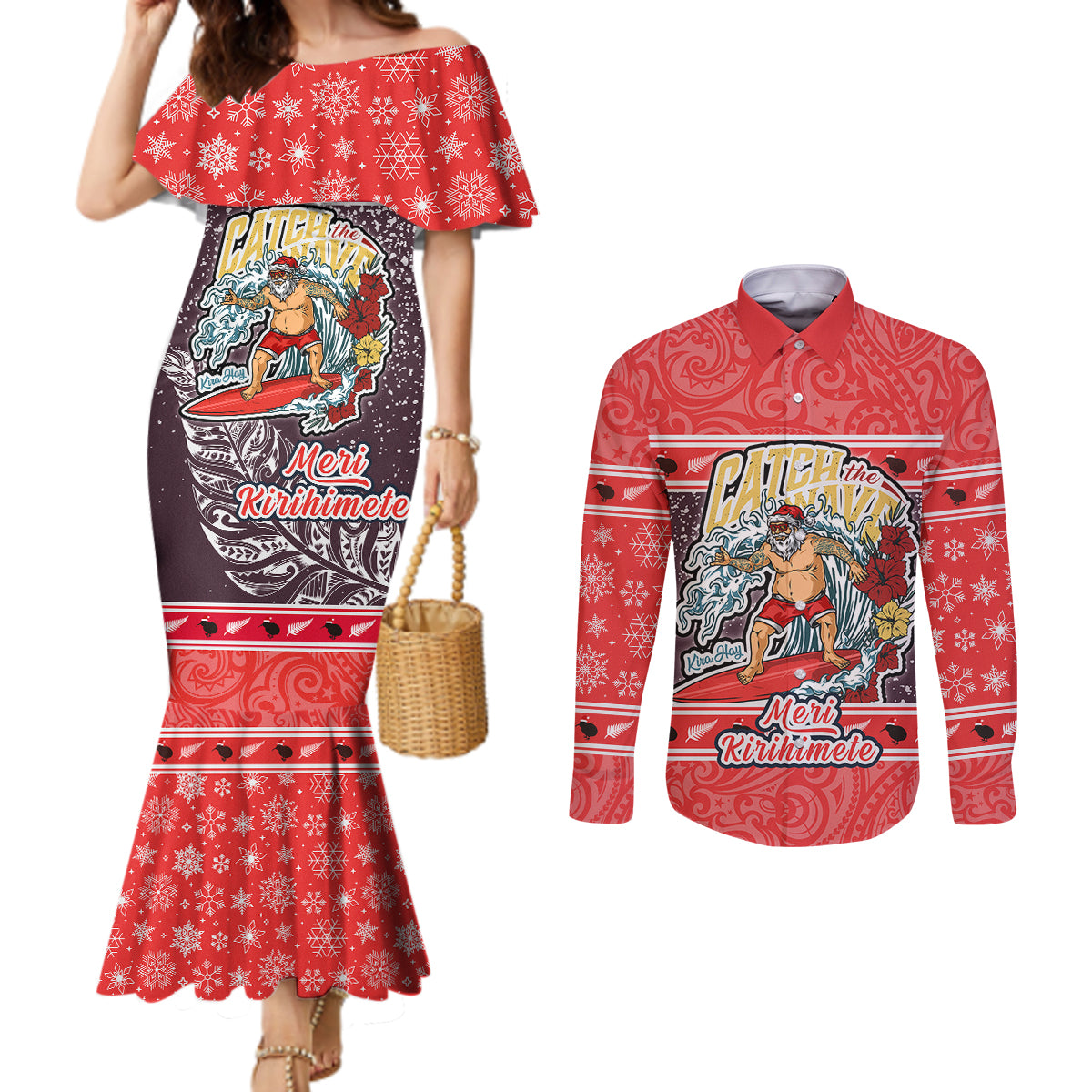new-zealand-christmas-couples-matching-mermaid-dress-and-long-sleeve-button-shirts-santa-catch-the-wave-maori-pattern-retro-style