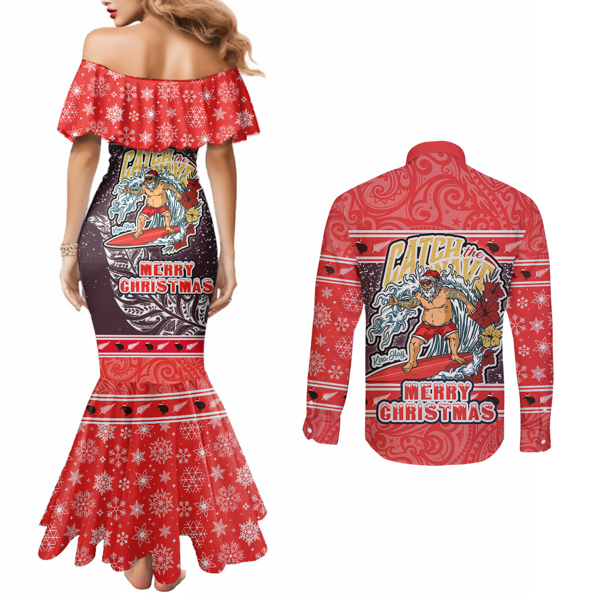 New Zealand Christmas Couples Matching Mermaid Dress and Long Sleeve Button Shirts Santa Catch The Wave Maori Pattern Retro Style LT03 - Polynesian Pride