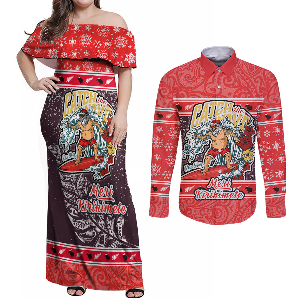 new-zealand-christmas-couples-matching-off-shoulder-maxi-dress-and-long-sleeve-button-shirts-santa-catch-the-wave-maori-pattern-retro-style