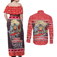 new-zealand-christmas-couples-matching-off-shoulder-maxi-dress-and-long-sleeve-button-shirts-santa-catch-the-wave-maori-pattern-retro-style