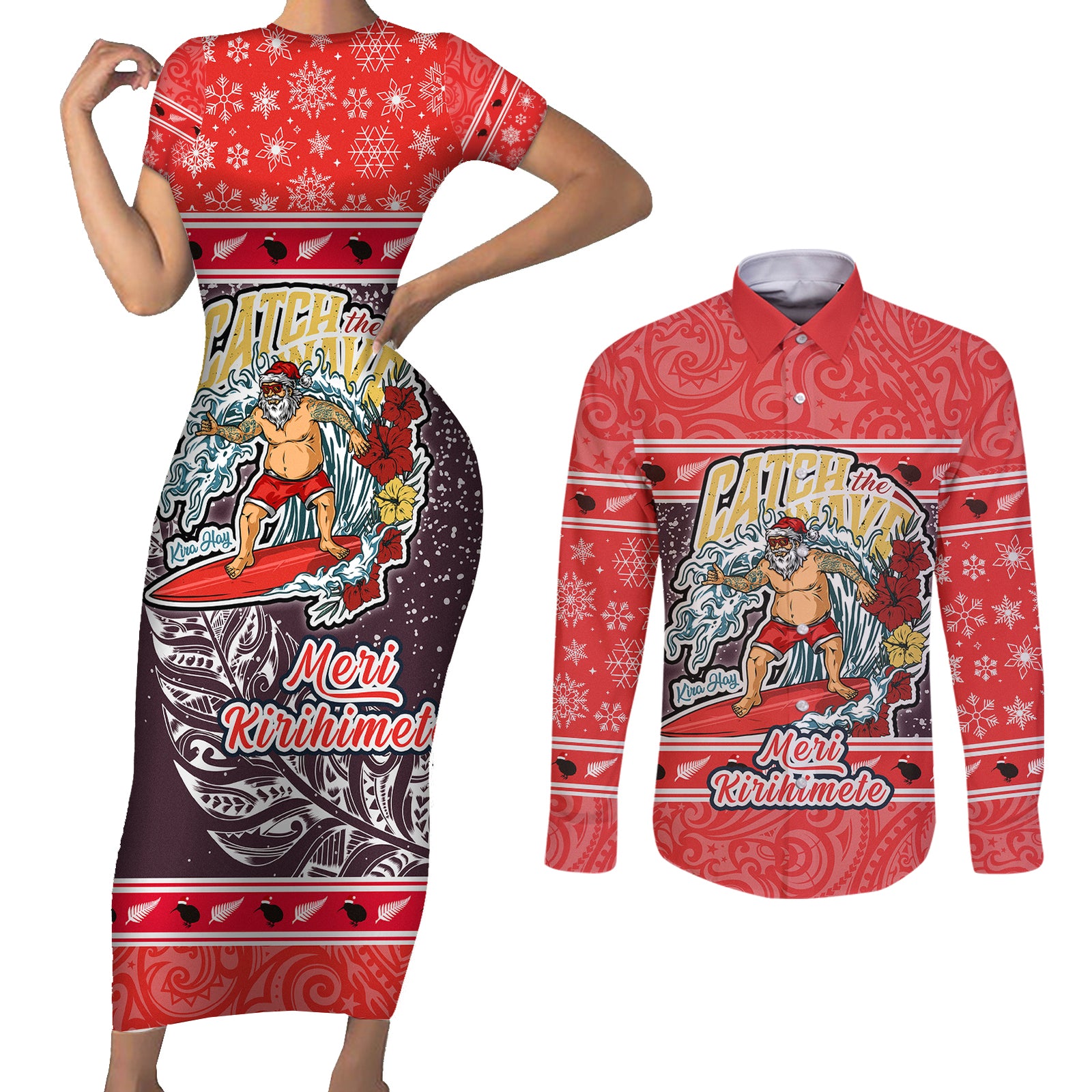 New Zealand Christmas Couples Matching Short Sleeve Bodycon Dress and Long Sleeve Button Shirts Santa Catch The Wave Maori Pattern Retro Style LT03 Red - Polynesian Pride