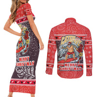 new-zealand-christmas-couples-matching-short-sleeve-bodycon-dress-and-long-sleeve-button-shirts-santa-catch-the-wave-maori-pattern-retro-style