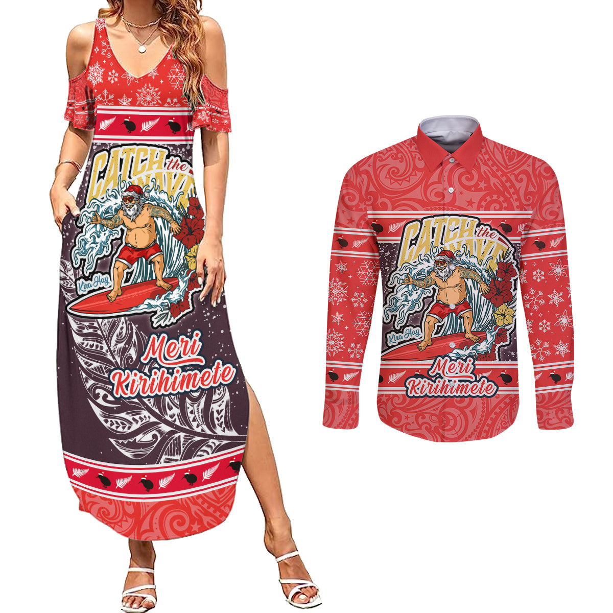 New Zealand Christmas Couples Matching Summer Maxi Dress and Long Sleeve Button Shirts Santa Catch The Wave Maori Pattern Retro Style LT03 Red - Polynesian Pride