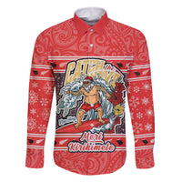 New Zealand Christmas Family Matching Off Shoulder Maxi Dress and Hawaiian Shirt Santa Catch The Wave Maori Pattern Retro Style LT03 Dad's Shirt - Long Sleeve Red - Polynesian Pride