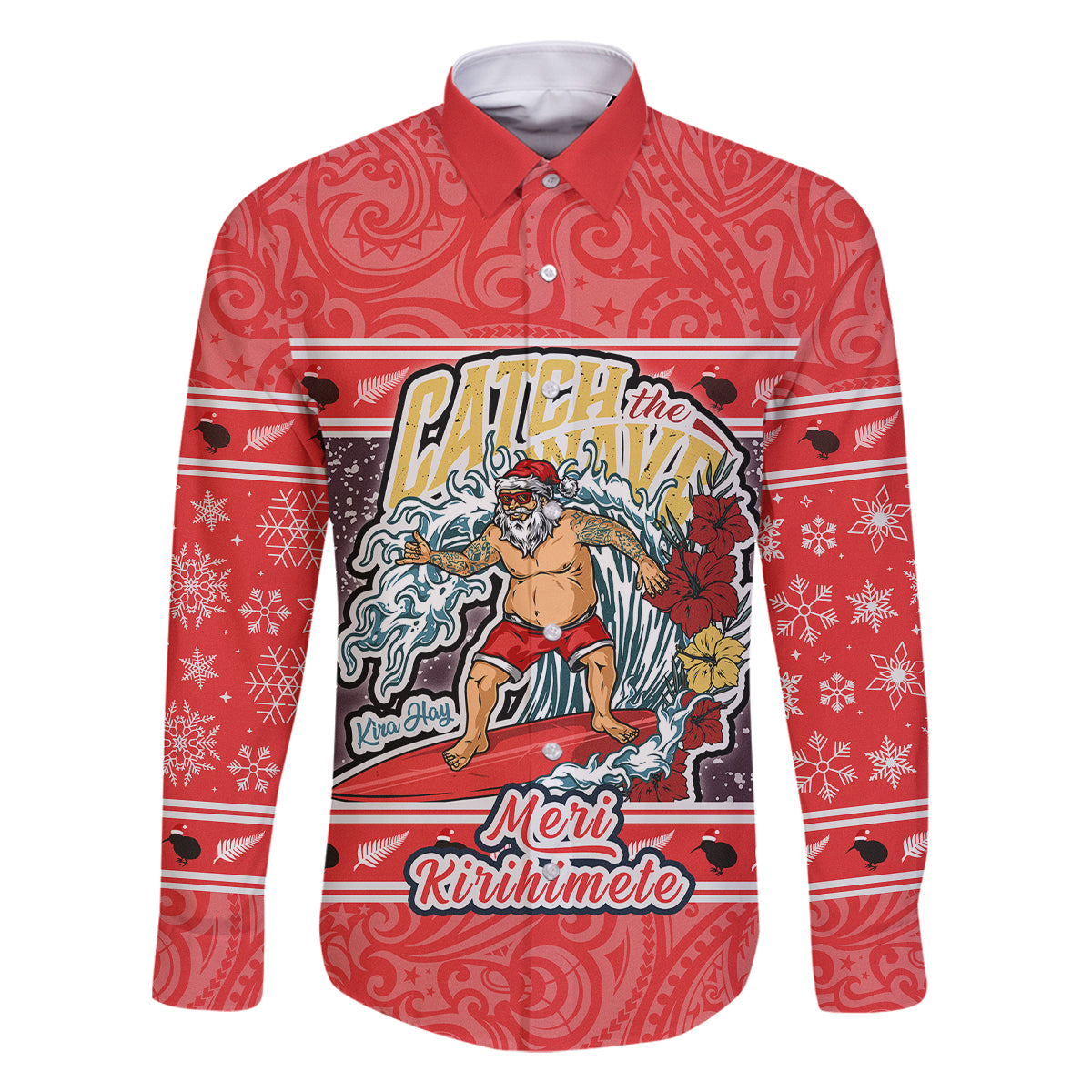 New Zealand Christmas Family Matching Off Shoulder Short Dress and Hawaiian Shirt Santa Catch The Wave Maori Pattern Retro Style LT03 Dad's Shirt - Long Sleeve Red - Polynesian Pride