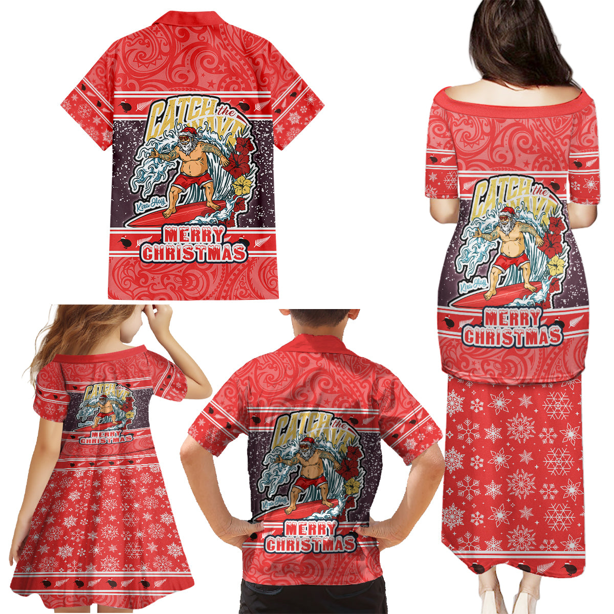 New Zealand Christmas Family Matching Puletasi Dress and Hawaiian Shirt Santa Catch The Wave Maori Pattern Retro Style LT03 - Polynesian Pride