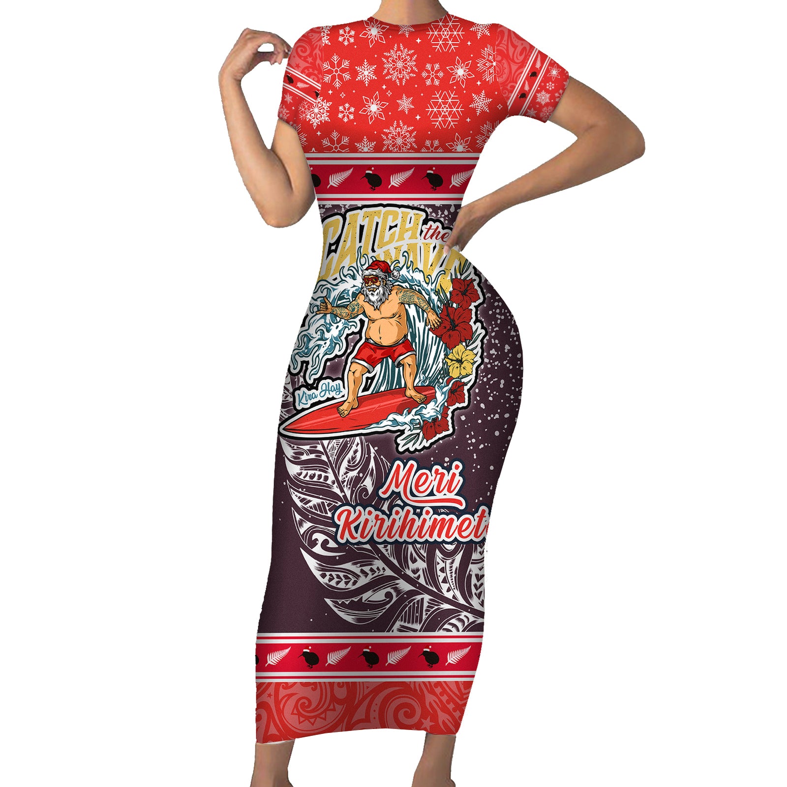 new-zealand-christmas-short-sleeve-bodycon-dress-santa-catch-the-wave-maori-pattern-retro-style