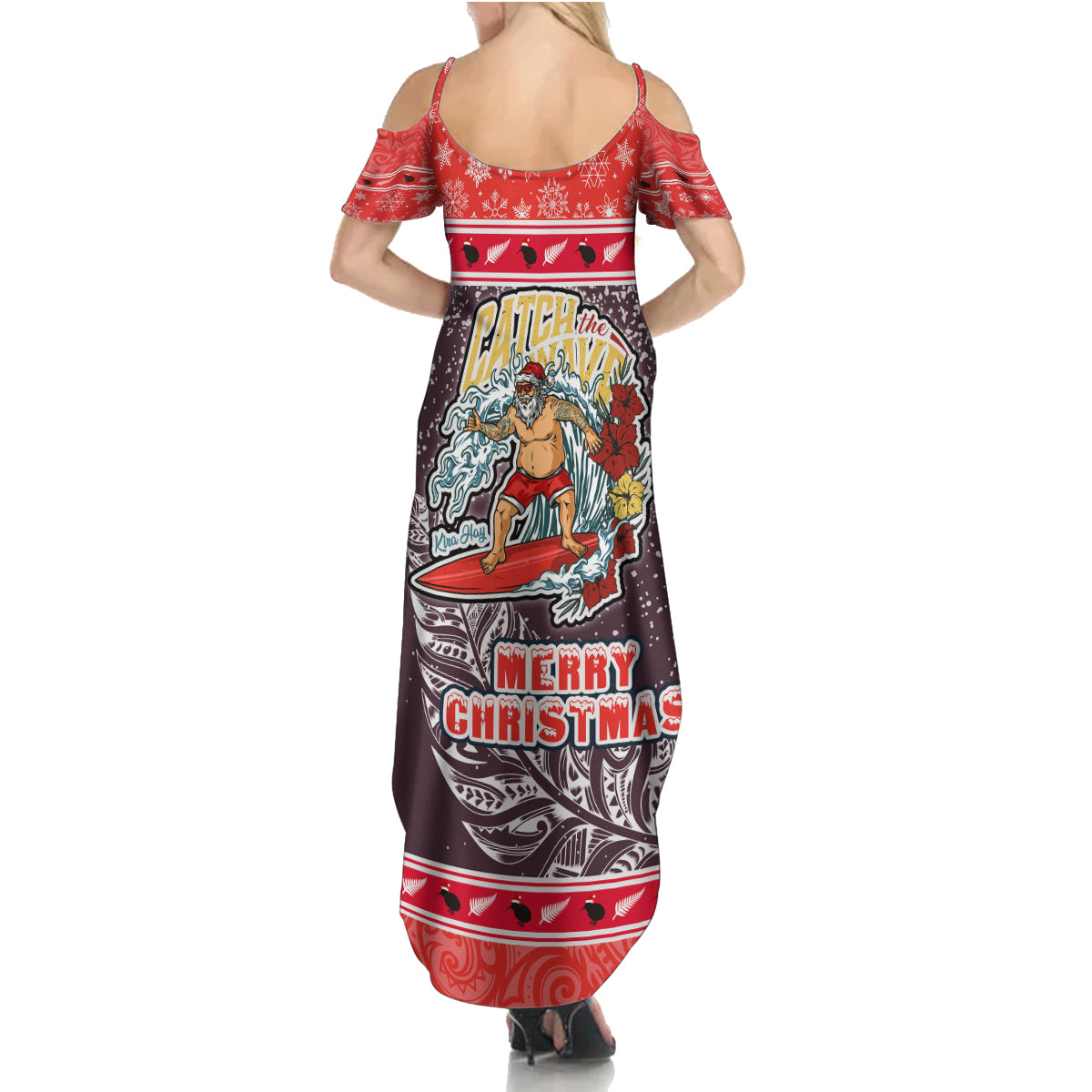 new-zealand-christmas-summer-maxi-dress-santa-catch-the-wave-maori-pattern-retro-style