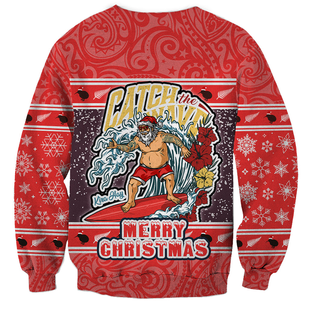 New Zealand Christmas Sweatshirt Santa Catch The Wave Maori Pattern Retro Style LT03 - Polynesian Pride