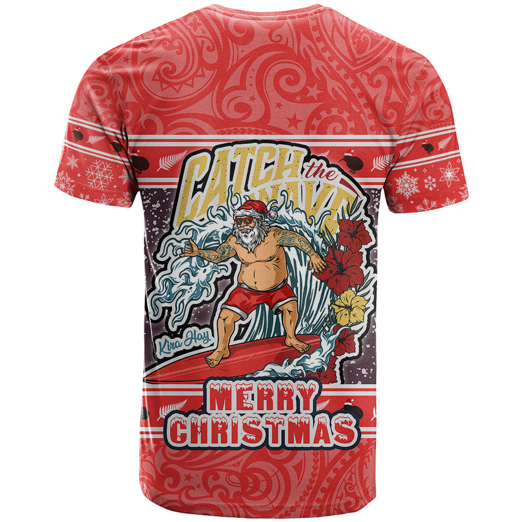 New Zealand Christmas T Shirt Santa Catch The Wave Maori Pattern Retro Style LT03 - Polynesian Pride