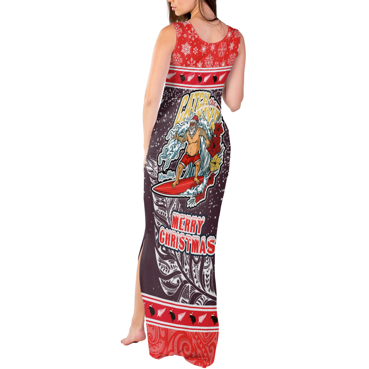 New Zealand Christmas Tank Maxi Dress Santa Catch The Wave Maori Pattern Retro Style LT03 - Polynesian Pride