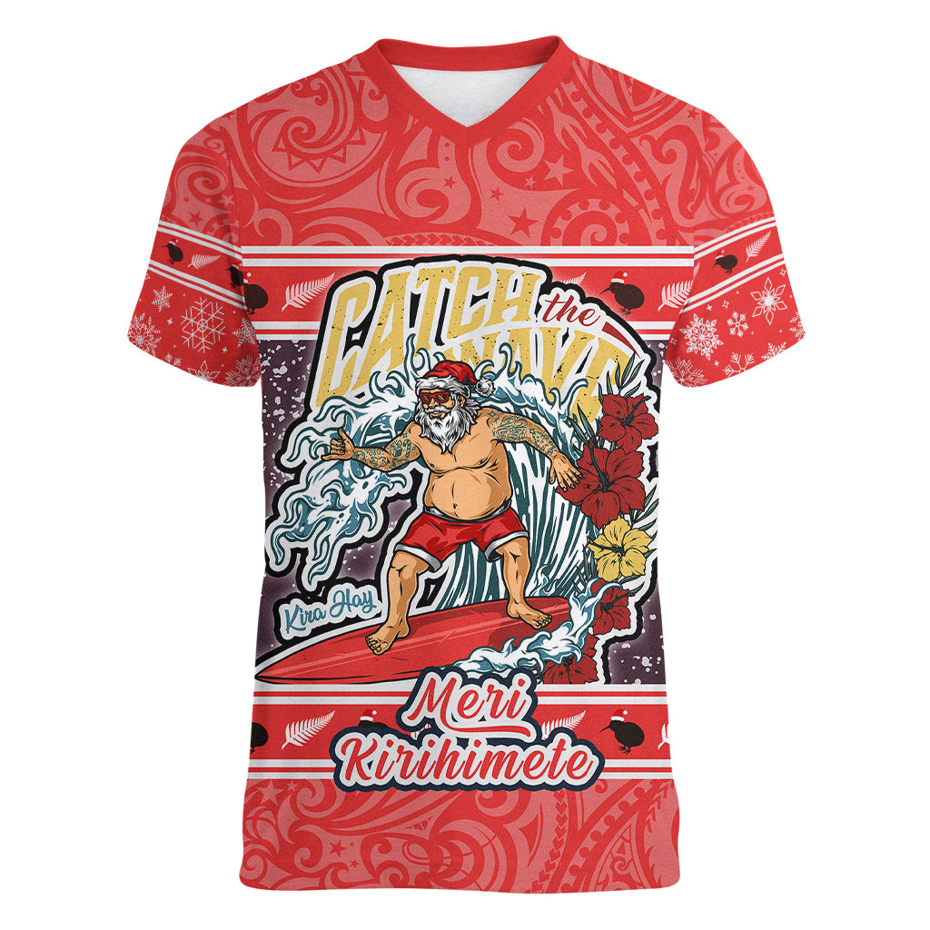new-zealand-christmas-women-v-neck-t-shirt-santa-catch-the-wave-maori-pattern-retro-style