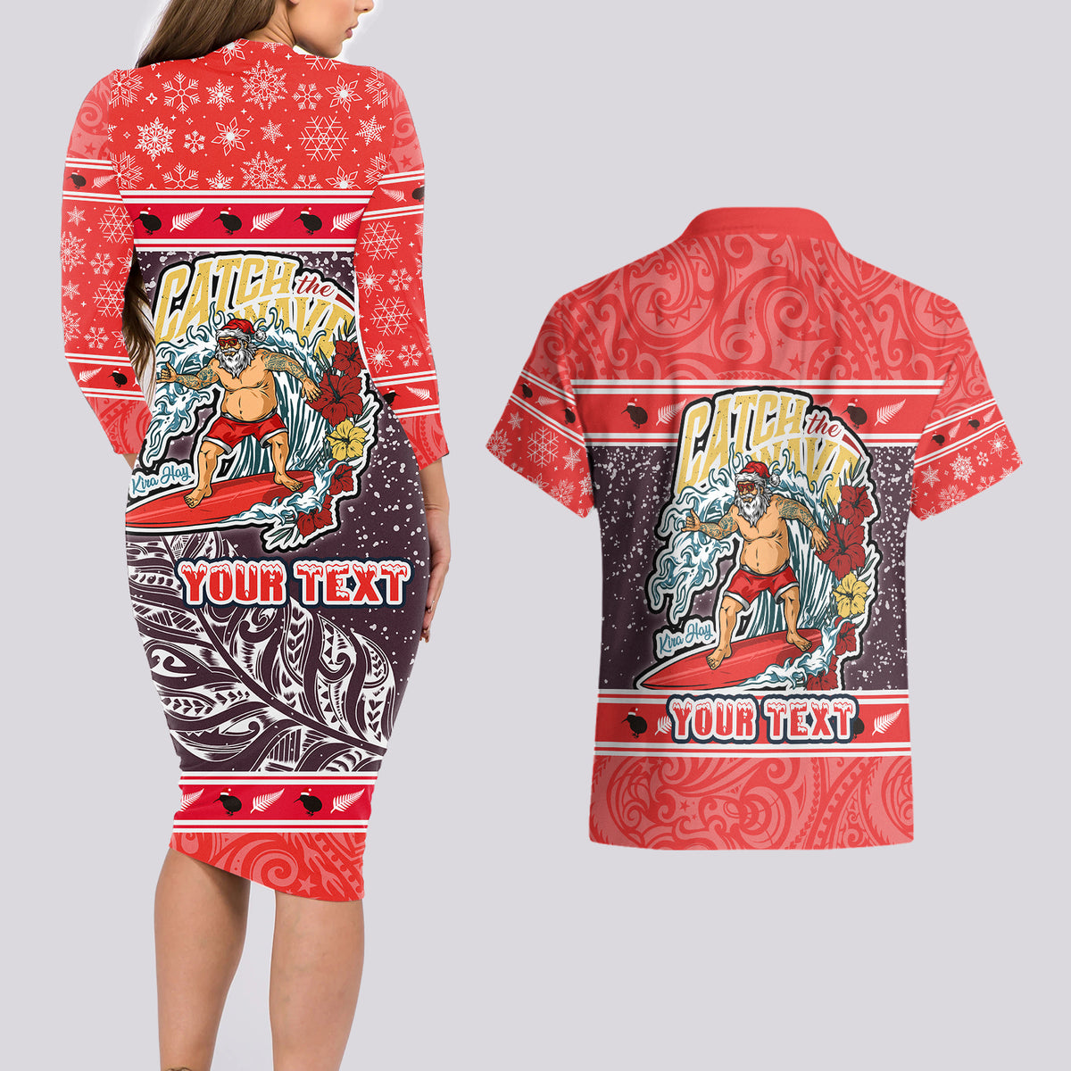 custom-new-zealand-christmas-couples-matching-long-sleeve-bodycon-dress-and-hawaiian-shirt-santa-catch-the-wave-maori-pattern-retro-style