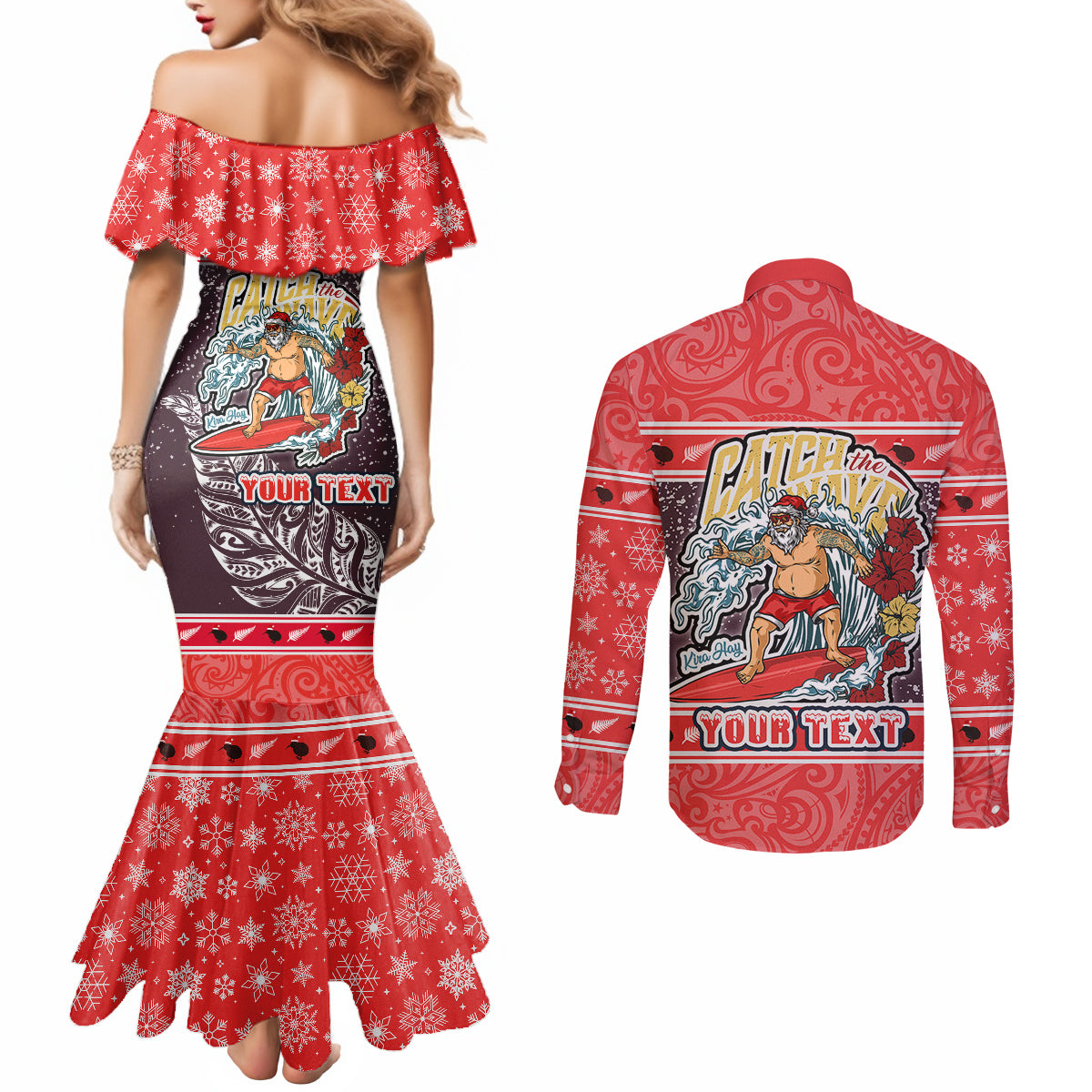 custom-new-zealand-christmas-couples-matching-mermaid-dress-and-long-sleeve-button-shirts-santa-catch-the-wave-maori-pattern-retro-style