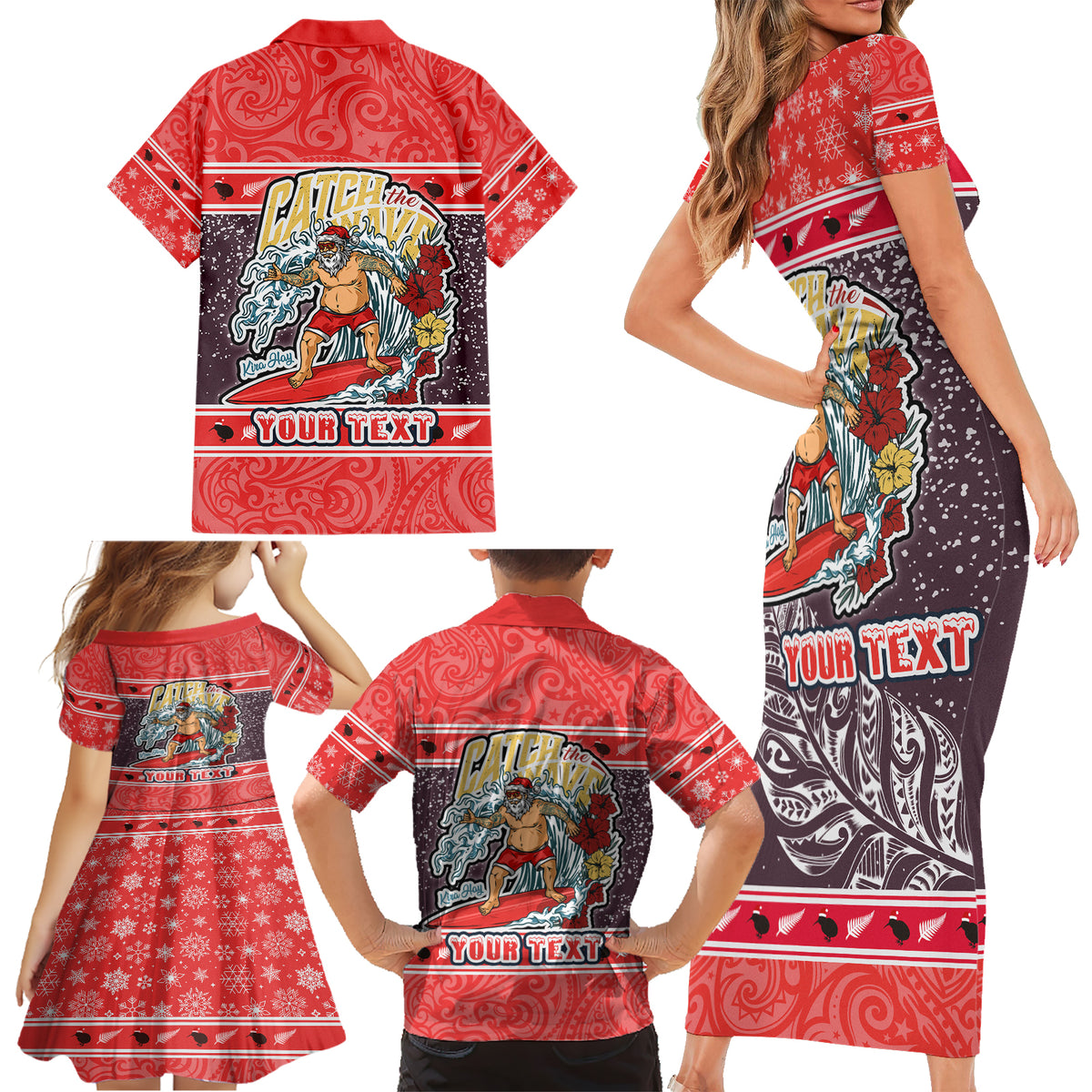 custom-new-zealand-christmas-family-matching-short-sleeve-bodycon-dress-and-hawaiian-shirt-santa-catch-the-wave-maori-pattern-retro-style